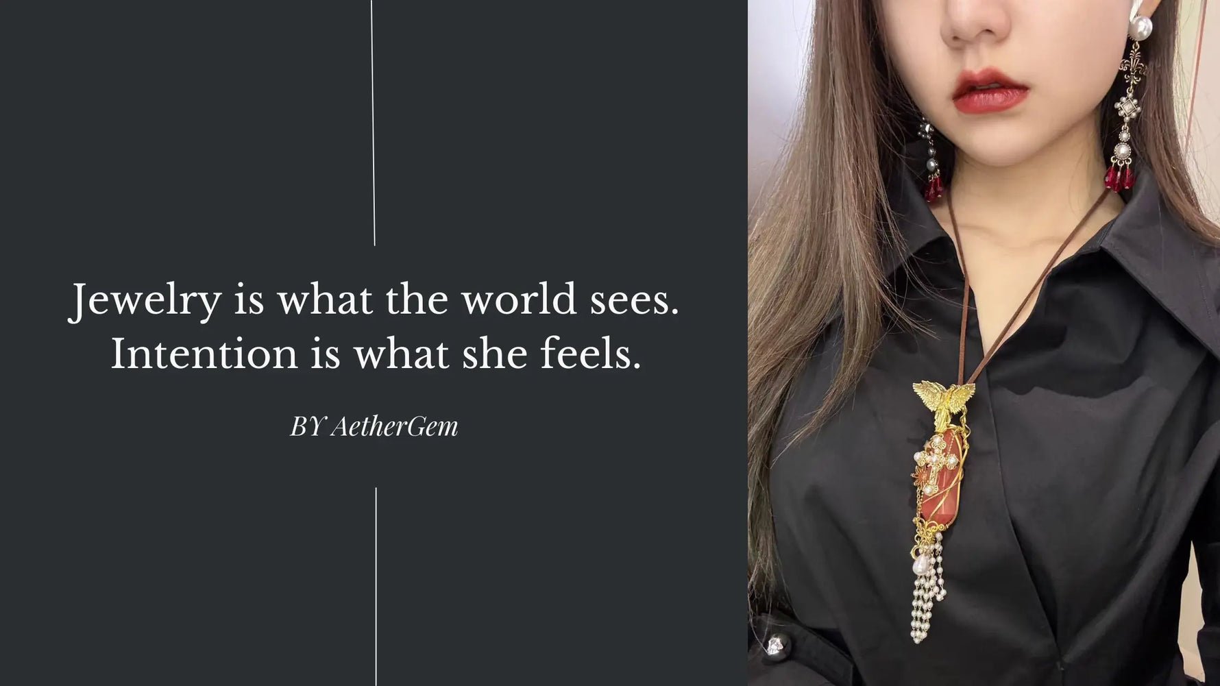 A woman wearing a symbolic crystal pendant with gold angel and red gemstone design, illustrating the brand message "Jewelry is what the world sees. Intention is what she feels."